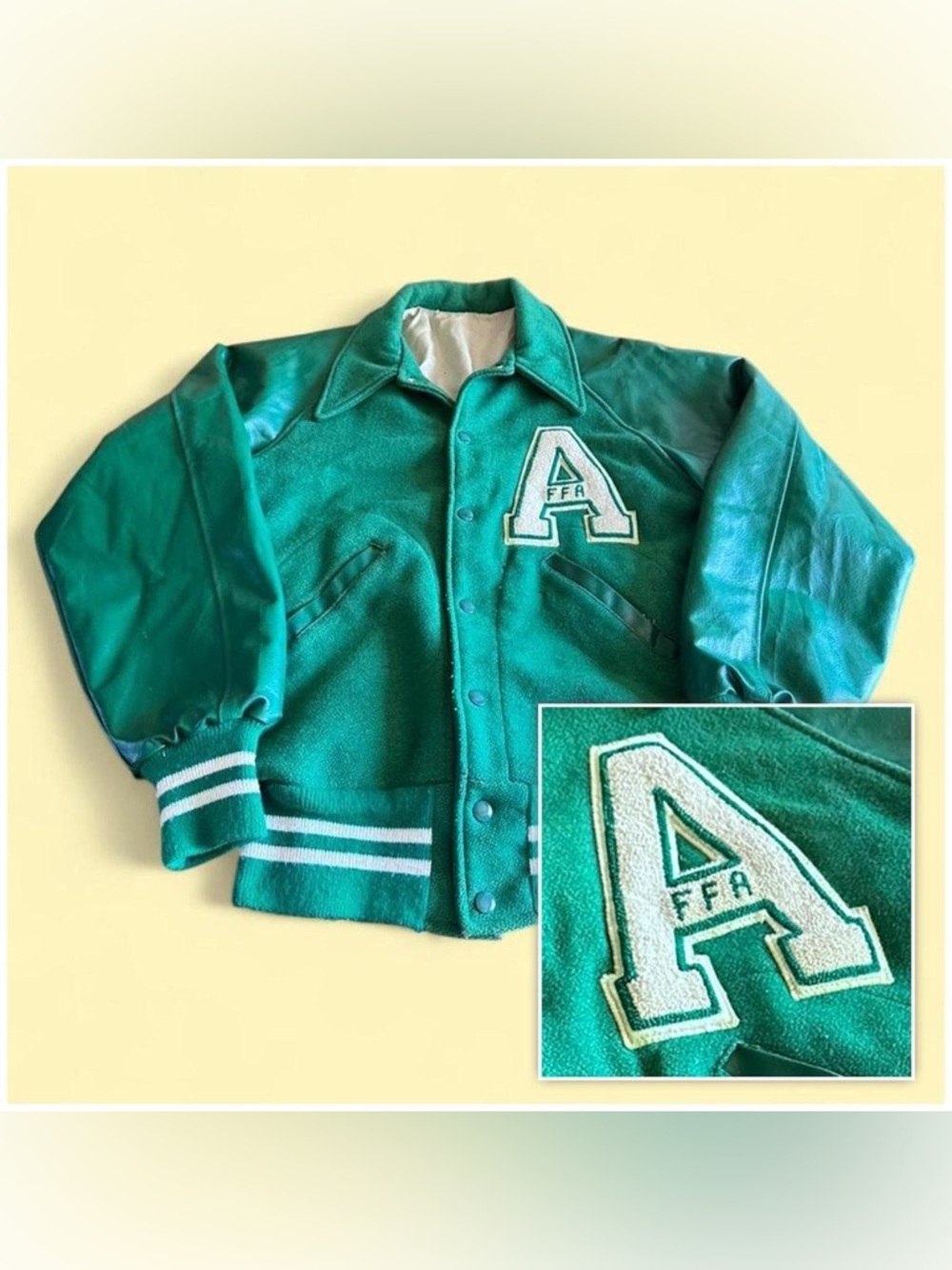 Vintage FFA Varsity Jacket Green Wool Cropped Letterman Small USA